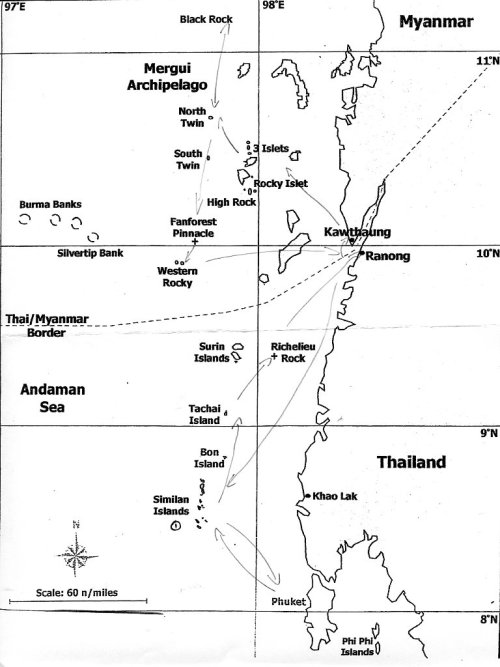 Trajet de la croisière le long des côtes Thaï puis Birmanes
